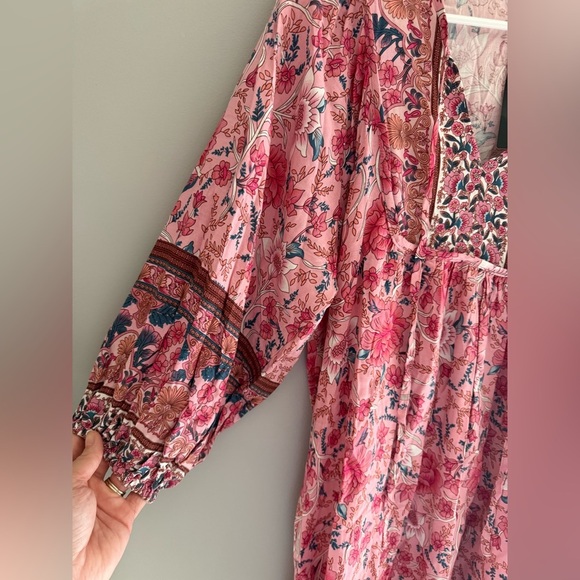Temofon Womens Pink Floral Boho Mini Dress SZ MD New 3/4 Sleeve Flowy V Neck - Picture 4 of 10